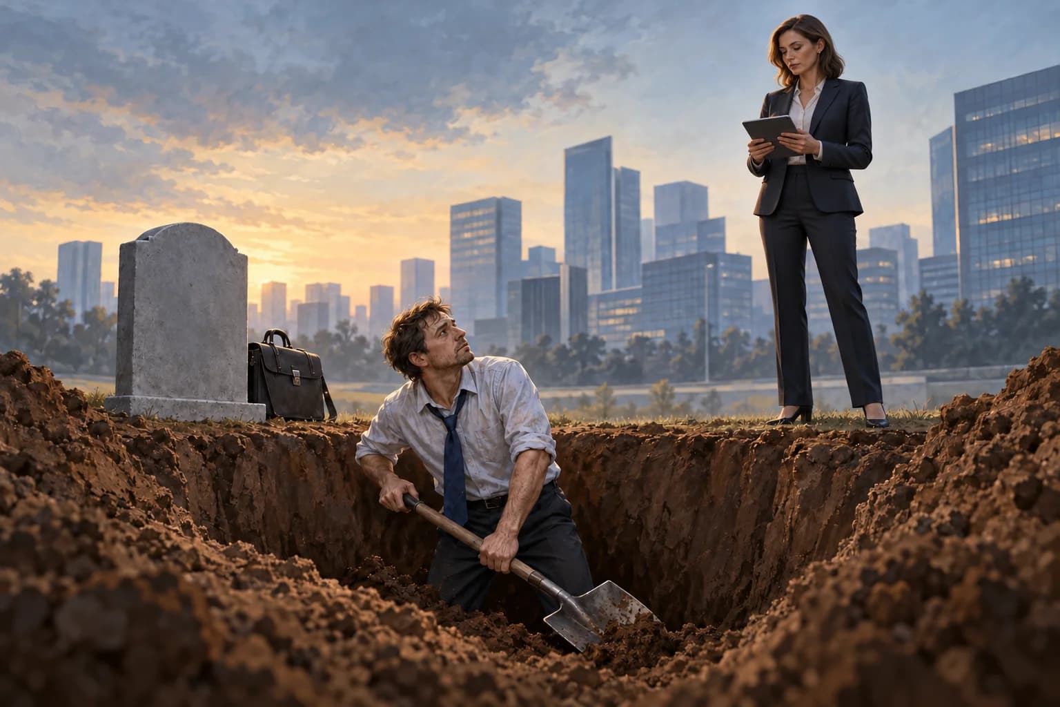 An employee digs his own grave while a woman manager stands above him holding a tablet, illustrating the risk of training his replacement.
